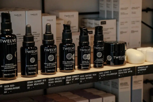 A retail shelf showcasing Twelve Beauty facial skincare products in a beauty store.