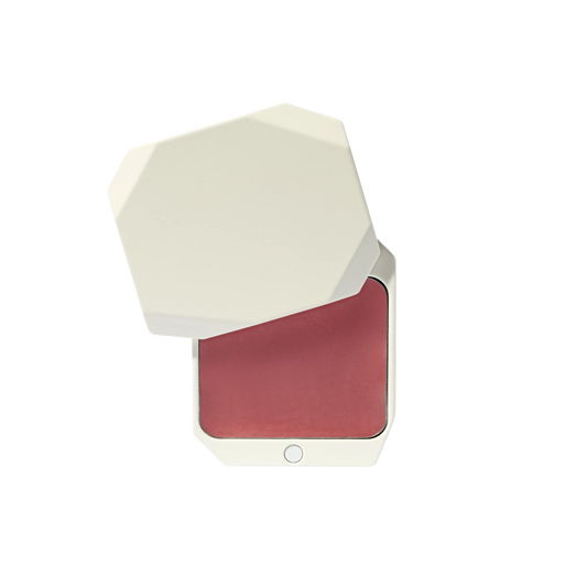 Uoga Uoga cream blush compact in Posh shade, open with white geometric packaging