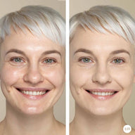 Side-by-side comparison of a woman's face with Never Sleeping Beauty Powder and without makeup on a neutral background