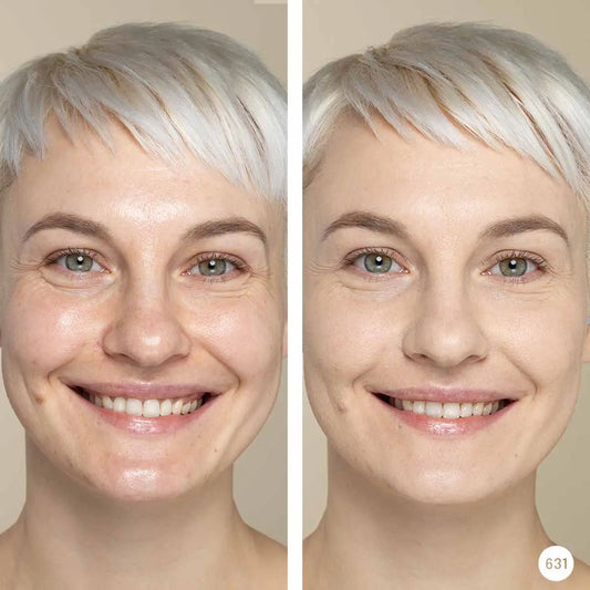 Side-by-side comparison of a woman's face with Never Sleeping Beauty Powder and without makeup on a neutral background