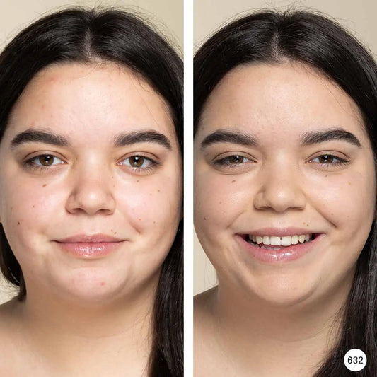 Side-by-side comparison of a woman's face with Bubbles Powder and without makeup on a neutral background