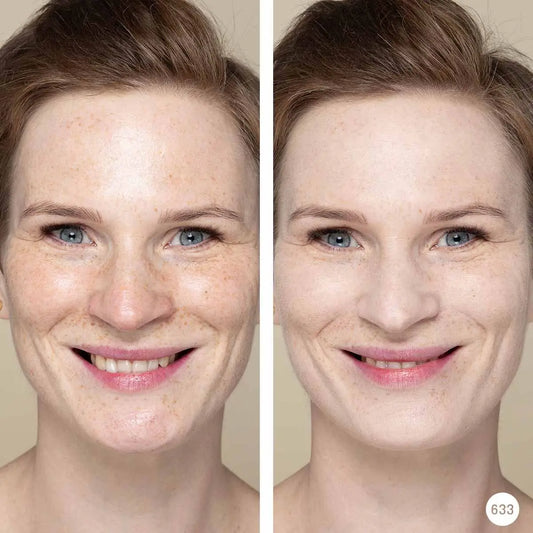 Side-by-side comparison of a woman's face with Petals of Sakura Mineral Powder and without makeup on a neutral background