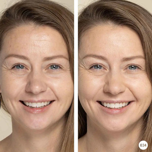 Side-by-side comparison of a woman's face with Linden Honey Mineral Powder and without makeup on a neutral background