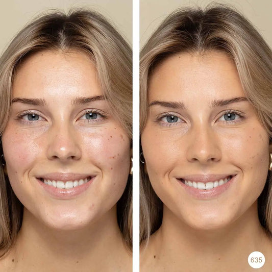 Side-by-side comparison of a woman's face with Captured ray of Sun Powder and without makeup on a neutral background