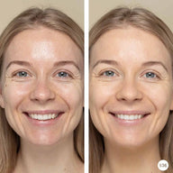 Side-by-side comparison of a woman's face with Strawberry and Snow Powder and without makeup on a neutral background