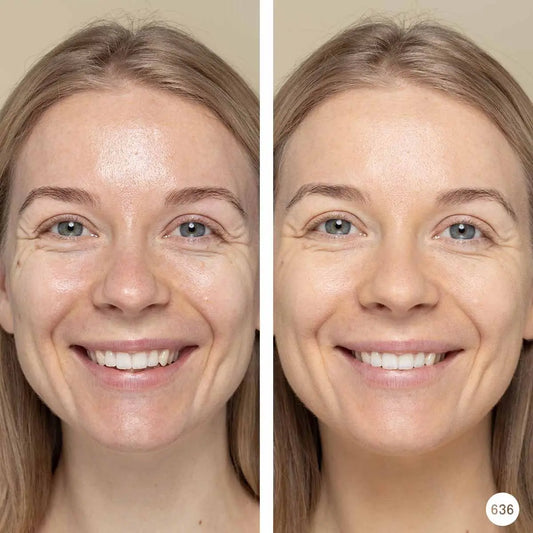 Side-by-side comparison of a woman's face with Strawberry and Snow Powder and without makeup on a neutral background