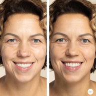 Side-by-side comparison of a woman's face with Amber Sand Powder and without makeup on a neutral background