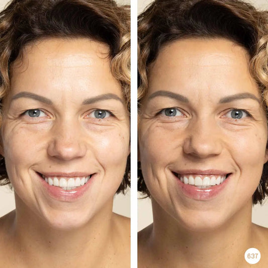 Side-by-side comparison of a woman's face with Amber Sand Powder and without makeup on a neutral background