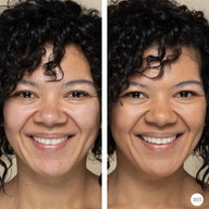 Side-by-side comparison of a woman's face with Walk in the Dunes Mineral Powder and without makeup on a neutral background