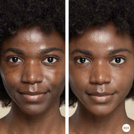 Side-by-side comparison of a woman's face with Whispering Pines Powder and without makeup on a neutral background