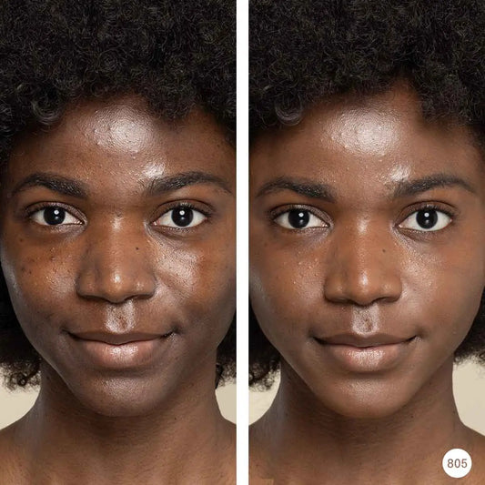 Side-by-side comparison of a woman's face with Whispering Pines Powder and without makeup on a neutral background