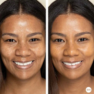 Side-by-side comparison of a woman's face with Goddes of God Powder and without makeup on a neutral background