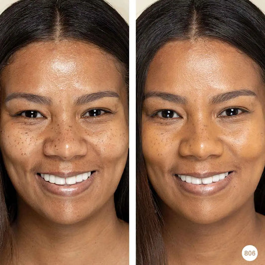 Side-by-side comparison of a woman's face with Goddes of God Powder and without makeup on a neutral background