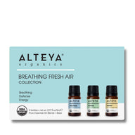 Alteya Organics essential oil set labelled Breathing Fresh Air in light-blue cardboard packaging on a white background