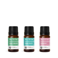 Three Alteya Organics essential oil blend bottles from the “Relax & Night Time” set displayed on a white background.
