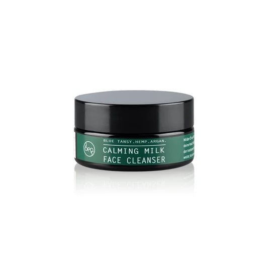 Bepure Calming Milk face cleanser in a black glass jar with a green label, closed