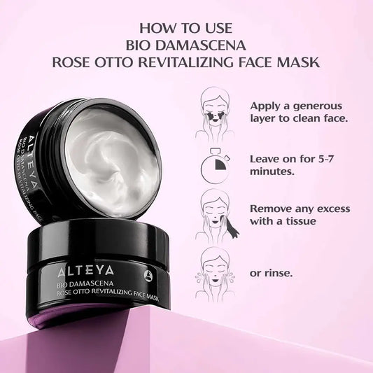 Alteya Bio Damascena Rose Otto Revitalizing Face Mask with usage instructions on a pink background
