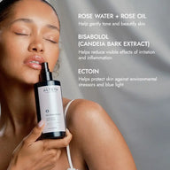 Woman holding Alteya Bio Damascena Face Toner with product benefits listed on a blurred background