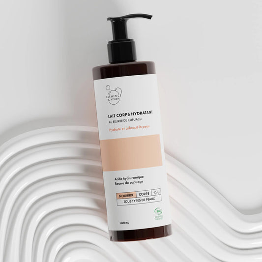 Clemence et Vivien Hydrating body lotion bottle on a wavy white background