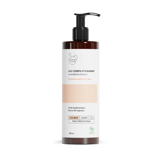 Clemence et Vivien Body lotion bottle with a white label on a white background
