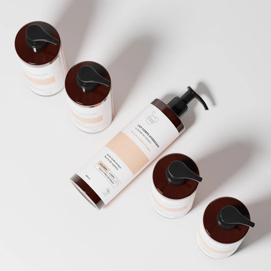 Clemence et Vivien body lotion bottles on a light gray background