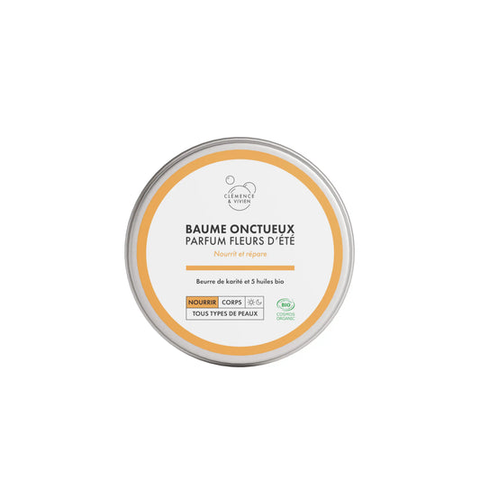 A round metal tin of Clémence et Vivien Mini Baume Onctueux Fleurs d'Été on a solid white background.