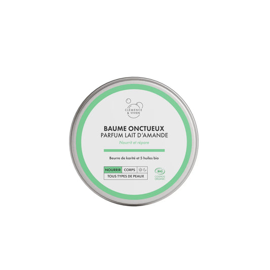A round silver metal tin of Clémence et Vivien Mini Baume Onctueux — Lait d'Amande featuring a white and light green label, centered on a plain white background.