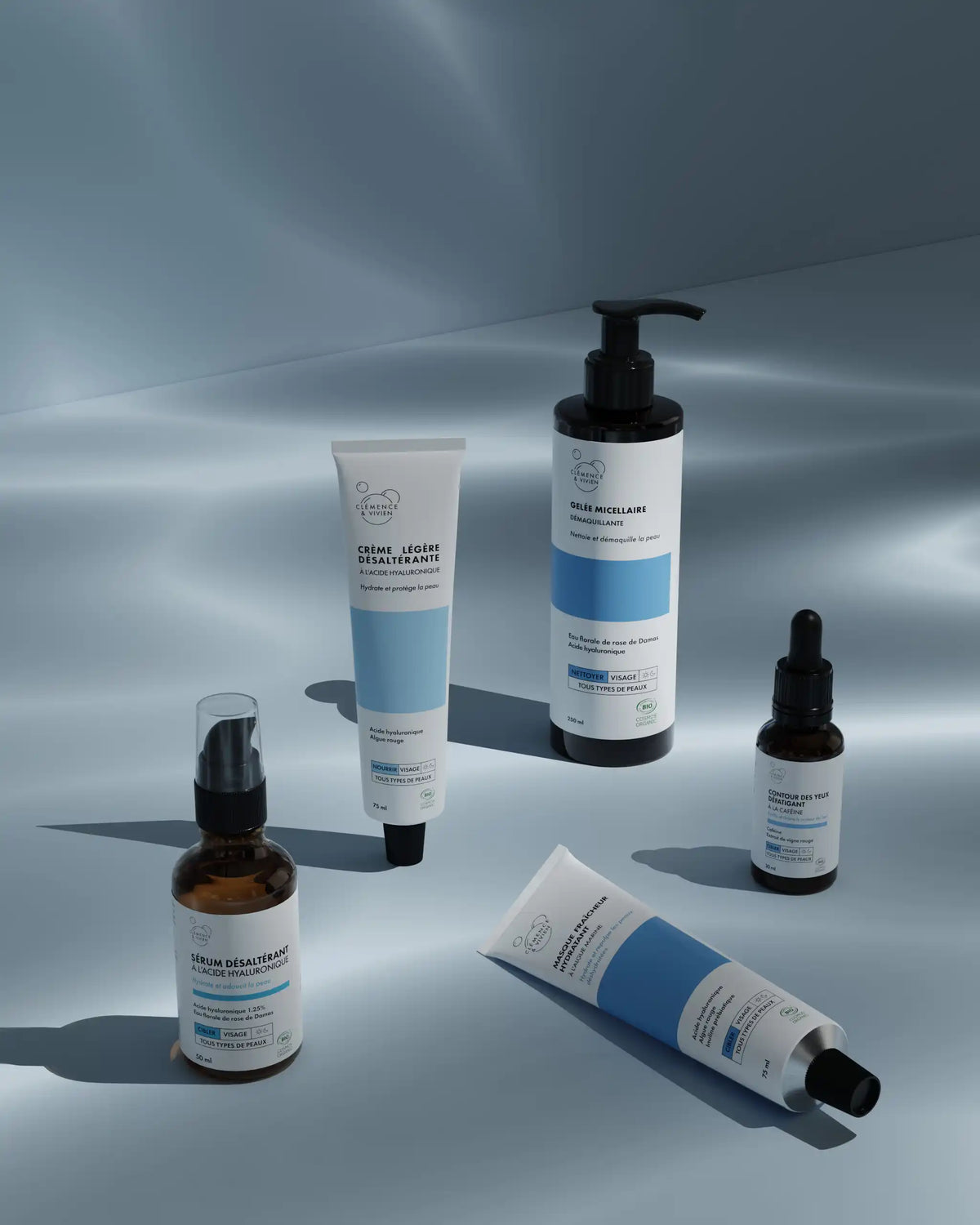 Clémence & Vivien Gelée Micellaire Démaquillante 250 ml pump bottle with the brand's hyaluronic acid range: light cream, serum, eye contour and hydrating mask