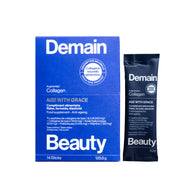 Demain Beauty Age with Grace Augmented Collagen supplement box and single blue sachet displayed on a white background.