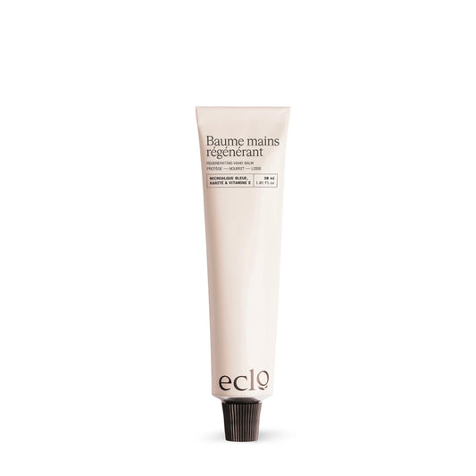 Hand balm tube labeled 'Baume mains regenerant' by ECLO on a white background