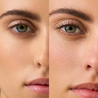 Close-up of woman wearing Eclo Black mascara with before and after lash comparison