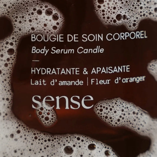 Body Serum Candle packaging with brown and white design