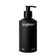 Jungkraut Wild Forest Body Lotion in a black pump bottle displayed on a white background.