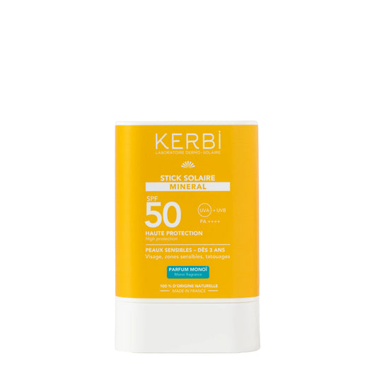 Kerbi mineral sunscreen stick with SPF 50 on a white background