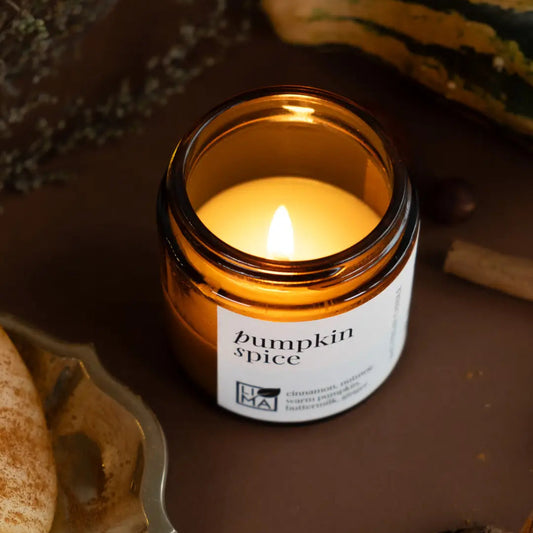 Candle in a jar labeled 'pumpkin spice' surrounded by autumnal elements on a dark surface.