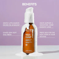 Alteya Luminous Rose Balancing Cleanser bottle with benefits listed on a purple background