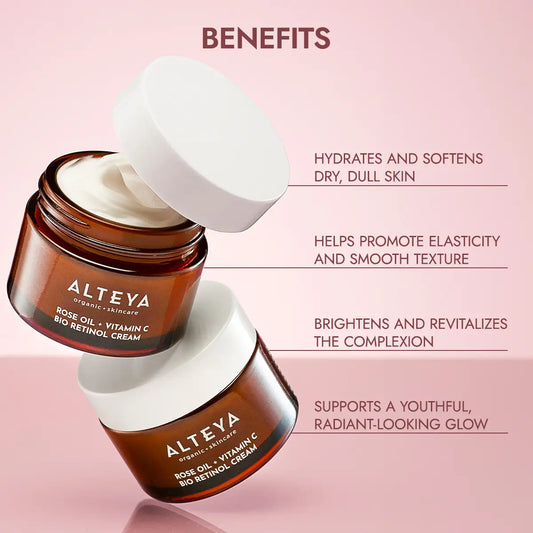 Two Alteva Luminous Rose Bio Retinol Cream with benefits listed on a pink background