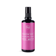 Bottle of Moroccan Rose Balancing Tonic Rose Water by Bepure with pink label on white background