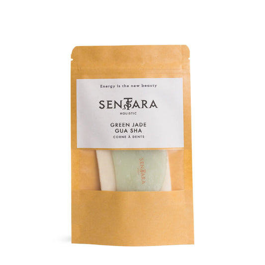 Sentara Jade Gua Sha tool packaged in a sealed paper pouch sleeve, displayed on a white background.
