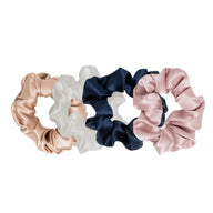 Hydra Studio silk scrunchies in champagne, white, blue navy and pink on white background