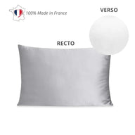 Gray satin pillowcase with 'Recto' and 'Verso' labels on a white background