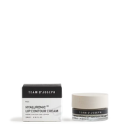 TEAM DR JOSEPH Hyaluronic Lip Contour Cream 15 ml in a glass jar with a light wooden lid, beside its black and white outer box