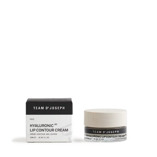 TEAM DR JOSEPH Hyaluronic Lip Contour Cream 15 ml in a glass jar with a light wooden lid, beside its black and white outer box