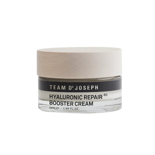 TEAM DR JOSEPH Hyaluronic Repair Booster Cream 50 ml in a clear glass jar with a light wooden lid, on a white background
