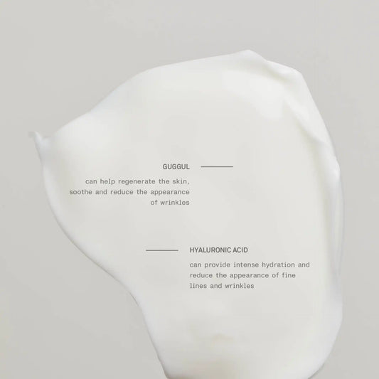 Cream swatch of TEAM DR JOSEPH Hyaluronic Repair Booster Cream highlighting its key actives, guggul and hyaluronic acid