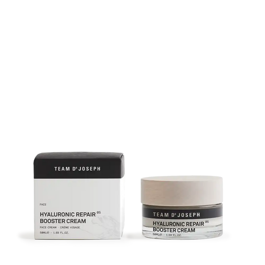 TEAM DR JOSEPH Hyaluronic Repair Booster Cream 50 ml glass jar beside its black and white outer box