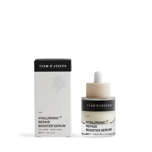 TEAM DR JOSEPH Hyaluronic Repair Booster Serum 30 ml pipette bottle beside its black and white outer box