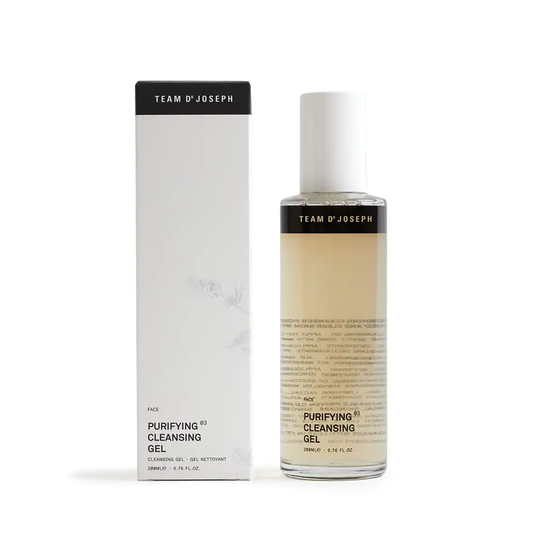 TEAM DR JOSEPH Purifying Cleansing Gel 200 ml in a clear bottle with a white cap, beside its black and white outer box