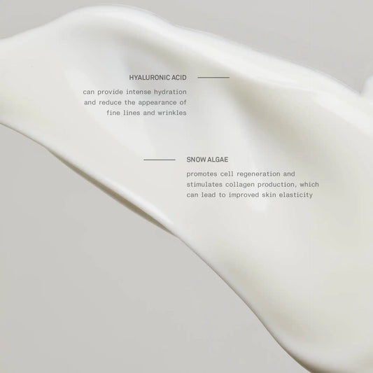 Cream swatch of TEAM DR JOSEPH Supreme Well Aging Cream highlighting its key actives, hyaluronic acid and snow algae