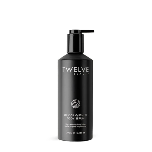 Black bottle of Twelve Beauty Jojoba Quench Body Serum on a white background